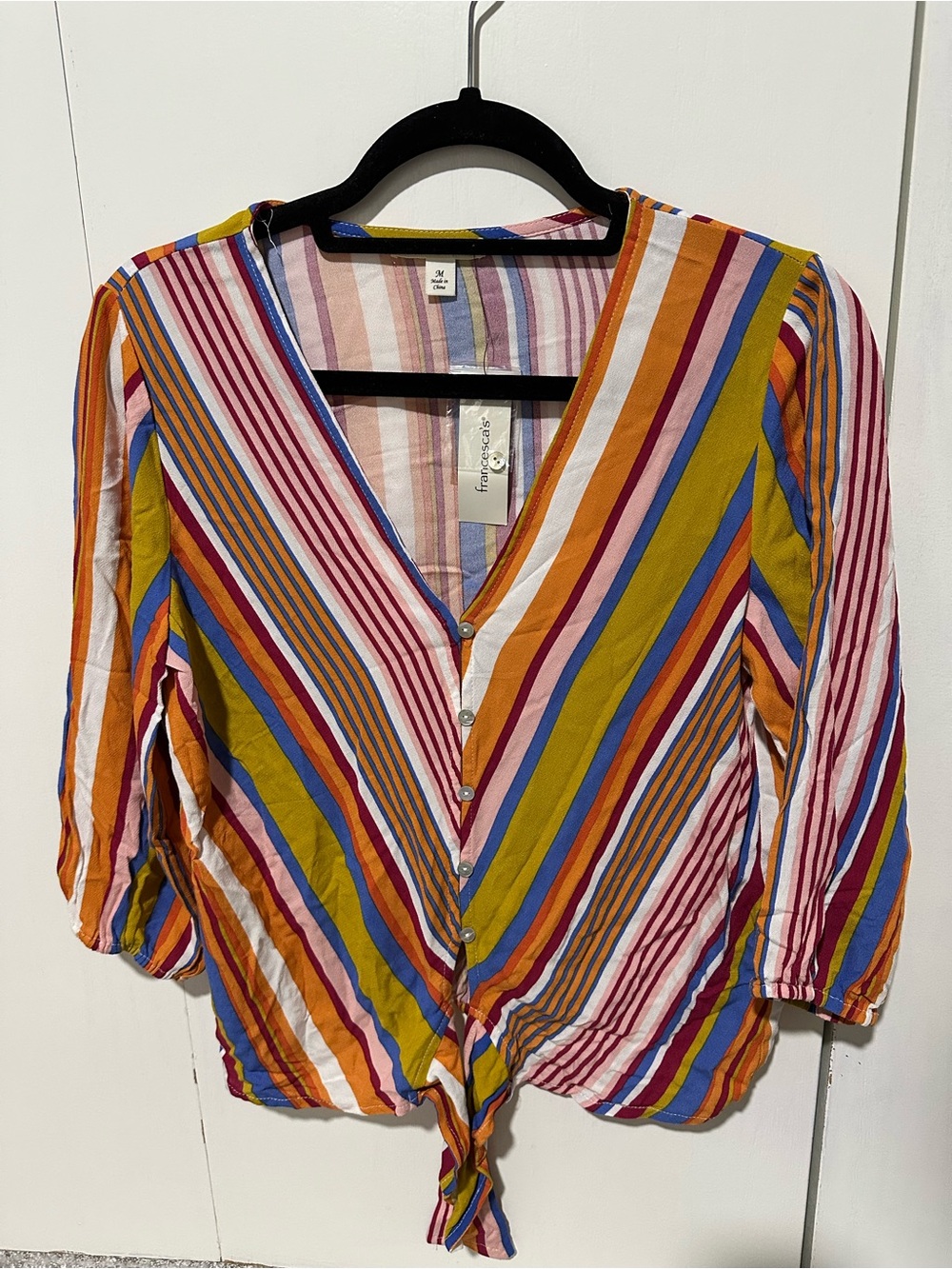 NWT Francesca's Tangerine Striped Button Down Tie Front Top